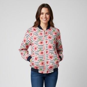 Molly Bracken Women's Pink Floral & Striped Lightweight Bomber Jacket